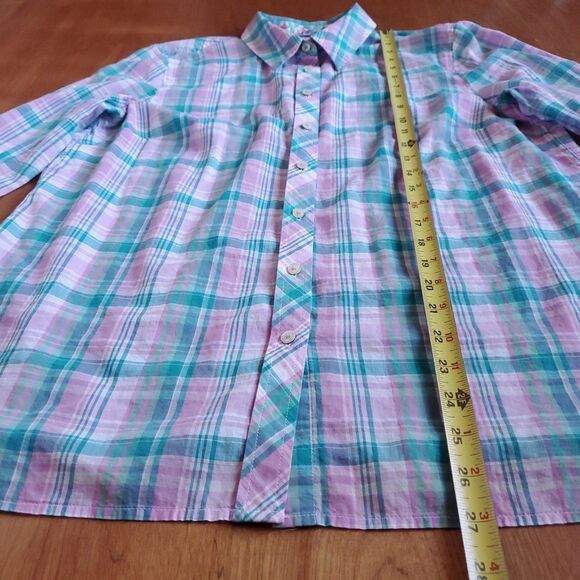 Talbots Long Sleeve Button Up Shirt L Plaid Pink Teal Collar Cotton Lightweight - Picture 7 of 9